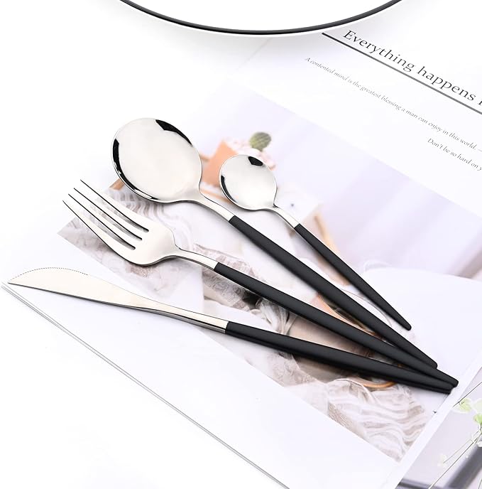 Black Silver 24Pcs Flatware Set With Stand, Lightweight Dinnerware Set Stainless Steel Cutlery With Black handles For Home Kitchen Wedding Party And Daily Use,Service For 6, Mirror Polish