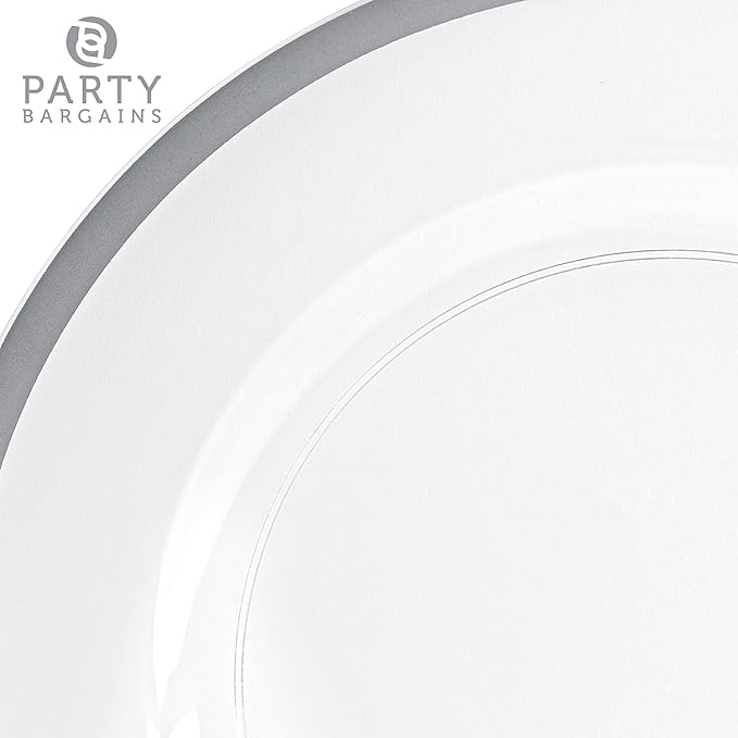 PARTY BARGAINS 13-Inch Charger Plates - 4 Pack, Clear Silver Rim, Heavy-Duty Disposable Chargers for Elegant Dining - Ideal for Weddings and Formal Events