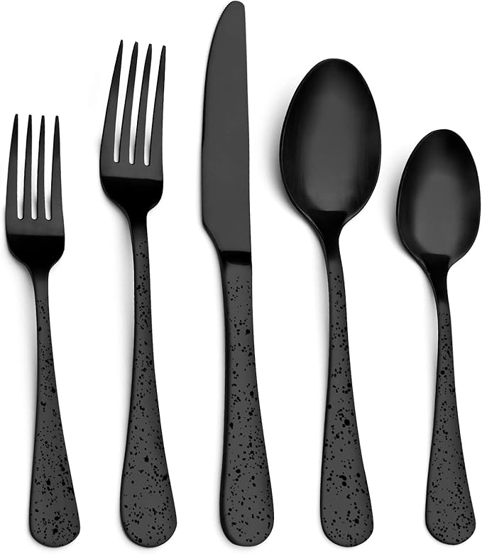 O.C.E. Matte Black Silverware Set, Stainless Steel Flatware, 20-Piece Tableware Cutlery Service for 4, Satin Finish Utensils, Dishwasher Safe (Starry Black)