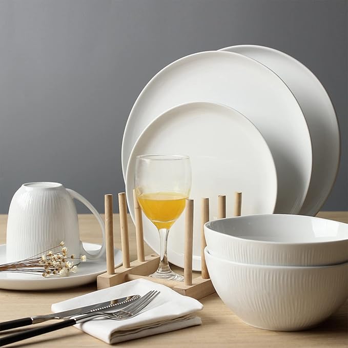 Ceramics Dinnerware Sets, Dinnerware Set, 16 Piece Relief Classic White Porcelain Combination Tableware Set Plates and Bowls Sets for Desserts, Service for 4