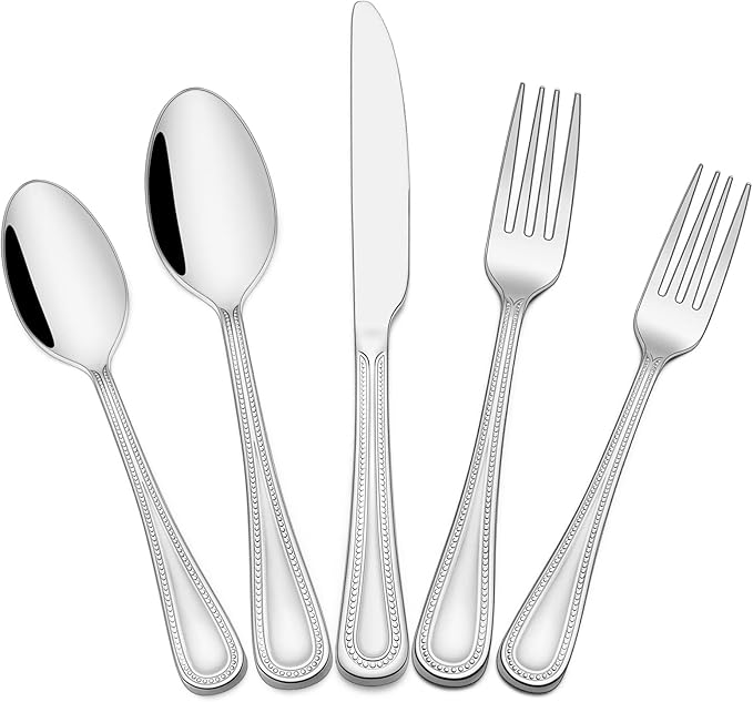 60 Pieces Silverware Set, Pearled Edge Silverware Cutlery Set Service for 12, Premium Stainless Steel Flatware Set, Knife Fork Spoon Tableware Set for Home, Restaurant, hotel, Dishwasher Safe