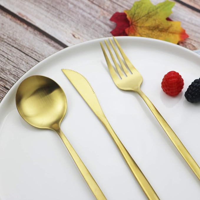 Gold Silverware Set JASHII 40 Pieces Flatware Set 304 Stainless Steel Flat Cutlery Set for 8 Matte Kitchen Forks Knife Spoons Set, Satin Finish Tableware Set for Home and Restaurant, Dishwasher Safe