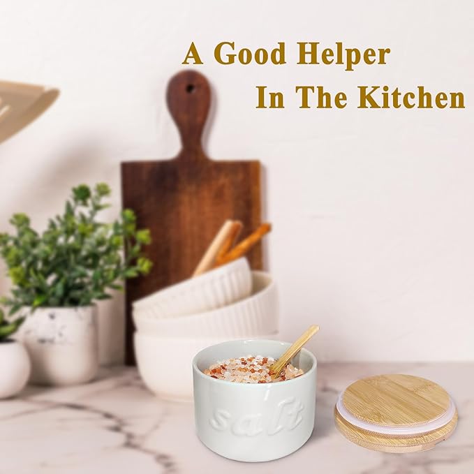 Salt Cellar with Lid and Spoon, 16 OZ Airtight Salt Container for Countertop, Ceramic Storage Container for Spices, White