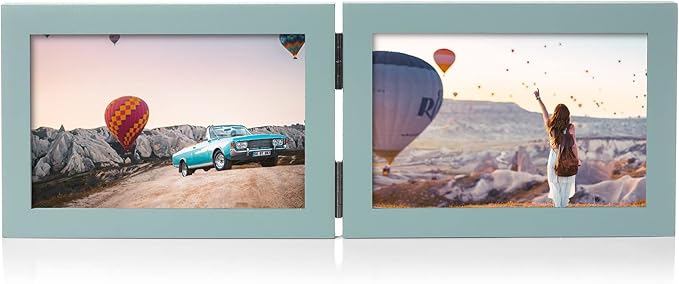 4x6 Double Horizontal Hinged Picture Frame Folding Photo Frame in Teal Blue Pine Wood with Real Glass for Tabletop P-LAN-2H46