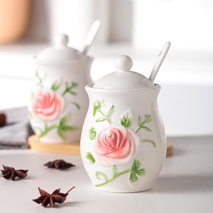 Hand Drawn Relief ceramics Ceramic Sugar Bowl 2 Pack, PorcelainJar with Tray, Spoon and Lid for Sugar, Pepper, Coffee, Spice, Salt, 8 Ounces (Hand Drawn Relief)