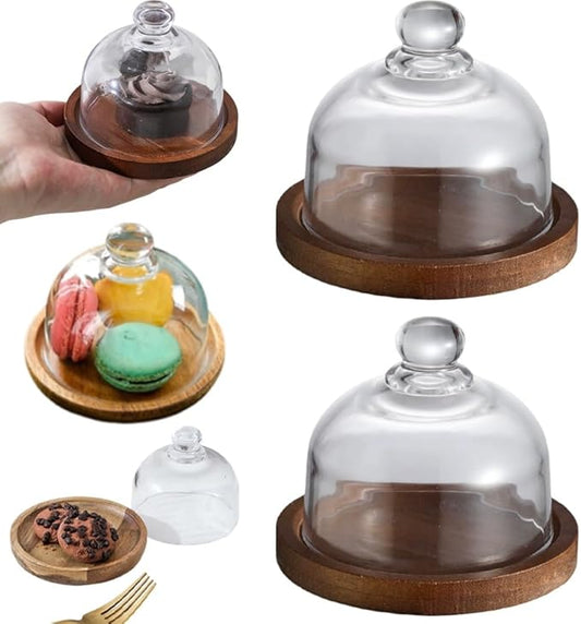 Charcuterie Snow Globes, Glass Cake Stand with Dome, Wood Cake Stands with Lid, Mini Clear Glass Display Candy Domes, Snow Globe Container for Cheese Snacks and Holiday Table Decor(Retro*2)