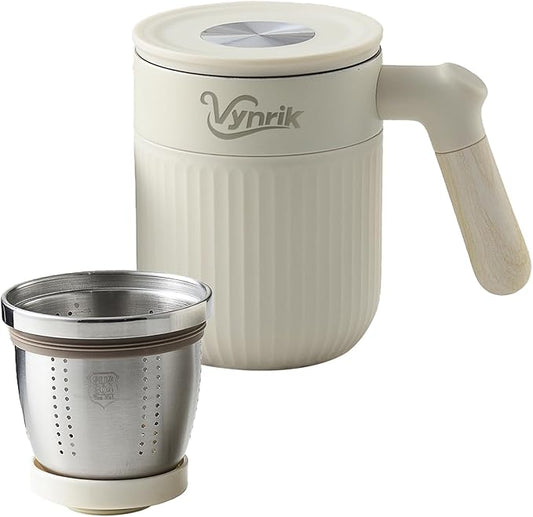 Tea Infuser Cup doubles as Insulated Coffee Mug,Tea Cup with Lid and Handles,Removable Stainless Steel Tea Strainers for Loose Tea (WHITE)