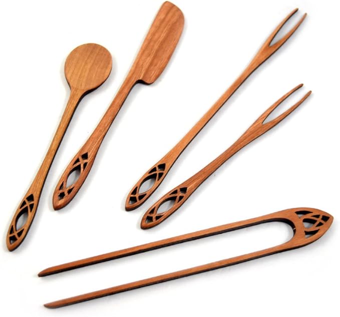 American Made 5-Piece Wild Cherry Wooden Appetizer Serving Set, Cathedral Collection: Olive Fork, Pickle Fork, Spoon, Tongs, Spreader