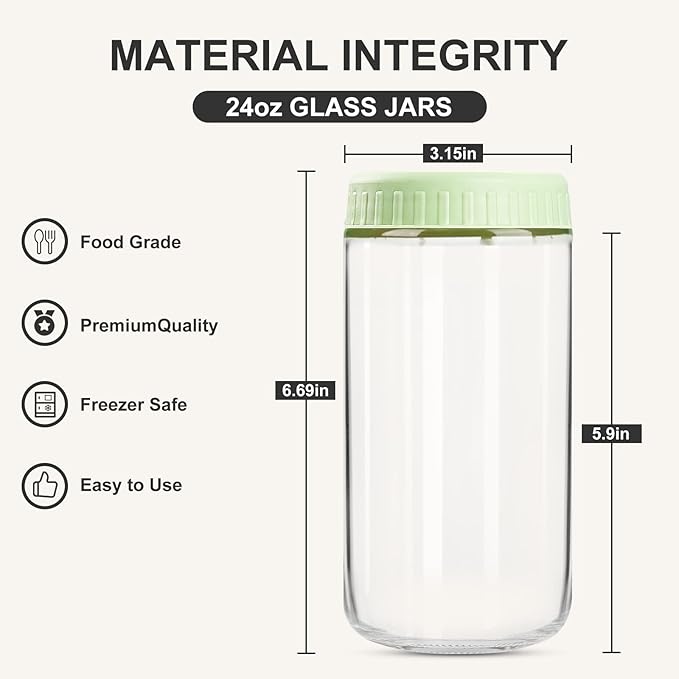 Overnight Oats Containers with Lids, 24oz Glass Jars with Lids 4 pcs, Light Green, Wide Mouth Mason jars for Salad, Yogurt, Snacks, Meal Prep
