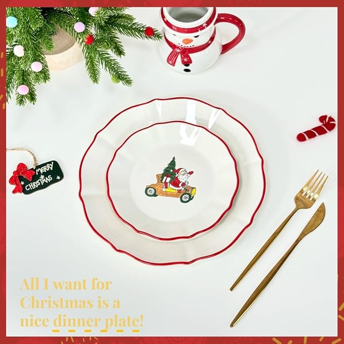 DOMINI 16-Piece Christmas Ceramic Kitchen Dinnerware Set, Service for 4, Porcelain Dishes Dinner Set with Dinner Plates, Dessert Plates,cups and Pasta Bowls,Round-White Christmas