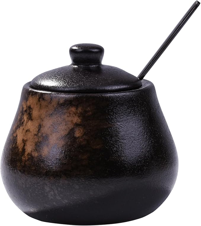 Sugar Bowl with Lid and Spoons Porcelain Sugar Salt Containers for Spice Seasoning (Black)