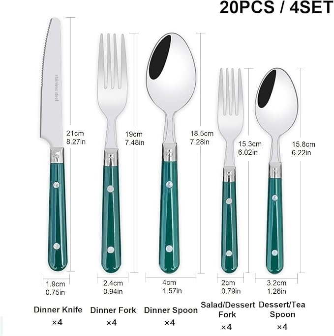 5/20/30-Piece Lightweight Stainless Steel Silverware Set for Everyday Use, Flatware Service for 1/4/6, Steak Knife Fork Spoon Dessert Tea Spoon Fruit Fork, Durable Reusable, Green
