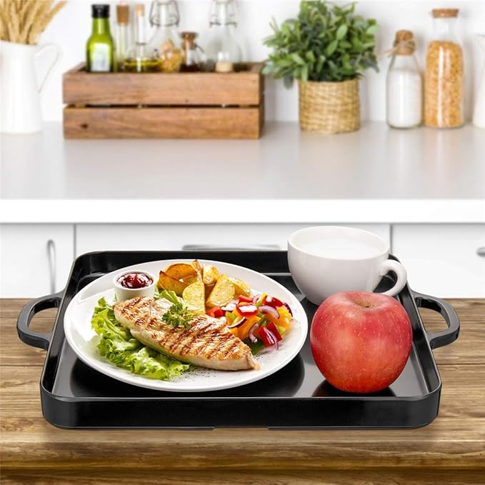 Square Serving Trays with Handles Melamine Black 12.5x12.5 Inch Spill Proof Kitchen Eating Trays Set of 2 for Cafeteria Cafe Food Appeizer Dessert Snack Dinner Lunch Breakfast,TR16-02