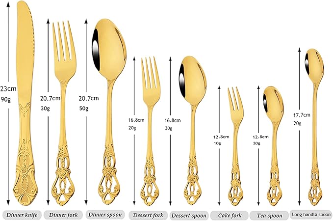 Elegant 32-Piece (4 Set) Retro Flatware Set, Stainless Steel Cutlery Set - Complete Eating Tableware Serving Set, Dishwasher Safe, Shiny Mirror Polish (Gold)