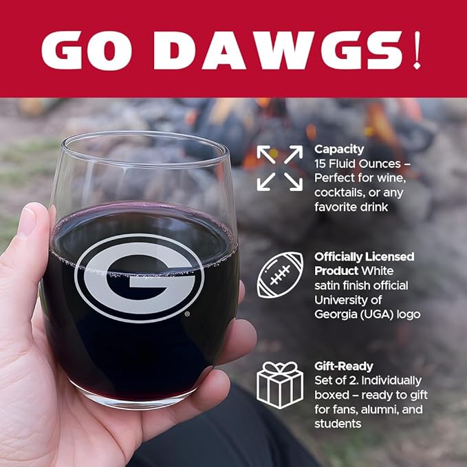 Georgia Bulldogs Satin Frost Stemless Wine Glass Set – Official Clear Glass with White Logo – Heavy-Duty Made in USA Drinkware – Dishwasher Safe – Set of Two, 15 oz
