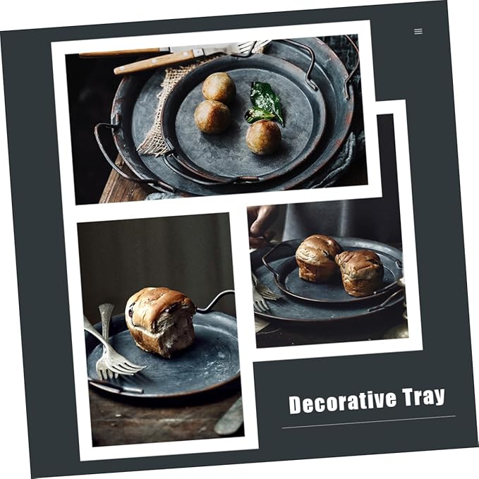 Alipis 1pc Retro Food Serving Tray Handle Silver Decorative Storage Platter for Home and Restaurant Multi-purpose Iron Tray for Snacks Desserts and Fruits