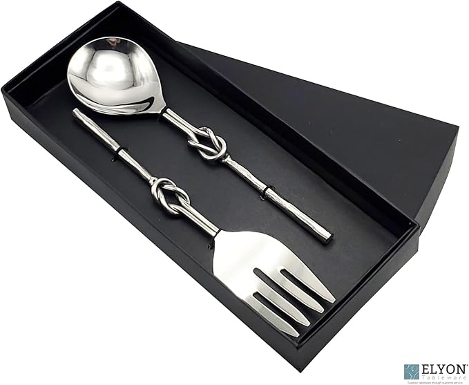 Elyon Reef Knot Reflective Silver Salad Serving Set Indian Artisan Made Hostess Set Hand Forged Stainless Steel 2 Pieces