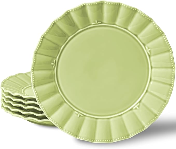 HOMBENE Dessert Dinner 10.5 Inches Set for 6, Ceramic Plates, Salad Serving Plates, Wavy Style, Microwave & Dishwasher Safe Plates for Cake Waffles Snacks (Mint Glow Green)