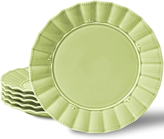HOMBENE Dessert Dinner 10.5 Inches Set for 6, Ceramic Plates, Salad Serving Plates, Wavy Style, Microwave & Dishwasher Safe Plates for Cake Waffles Snacks (Mint Glow Green)