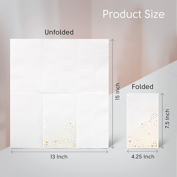 Stylish Gold Dinner Napkins, Disposable White and Gold Napkins, 100 Pack Party Napkins, 7.5 x 4.25 Inch Wedding Napkins for Reception, 3-Ply Paper Dinner Napkins for Wedding Reception