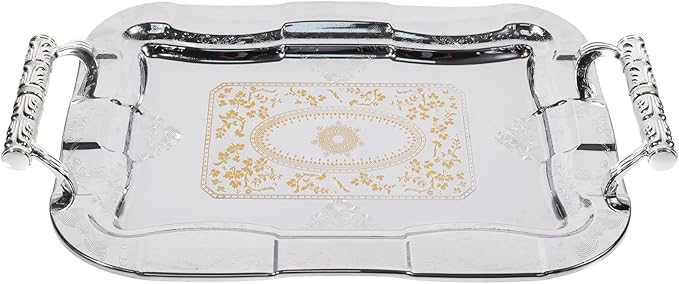 VOSAREA Stainless Steel Serving Tray Rectangular Metal Serving Tray Turkish Tea Coffee Handle Decorative Platter Antique Dining Fancy for Coffee Tea (11.79X8.45X1.89in)