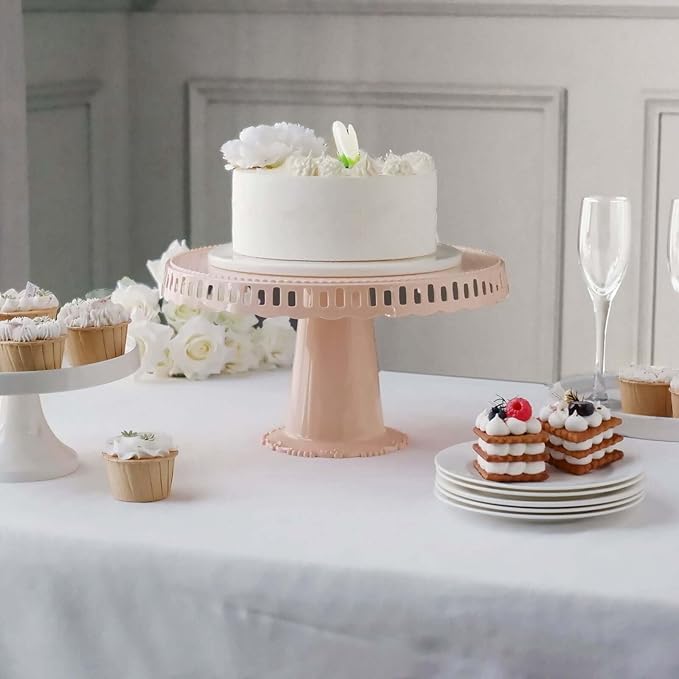 Efavormart 4 Pack | 13" Blush/Rose Gold Round Pedestal Footed Reusable Plastic Cupcake Stands with Interchangeable Ribbon Trim Edge