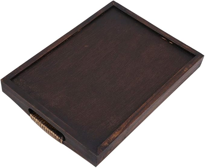 Woven Rattan Rectangle Serving Tray, 9 in Hand Woven Rattan Serving Tray Hand-Made with Raised Handles and Wood on All Sides Decorative for Dining Coffee Table Tea Party