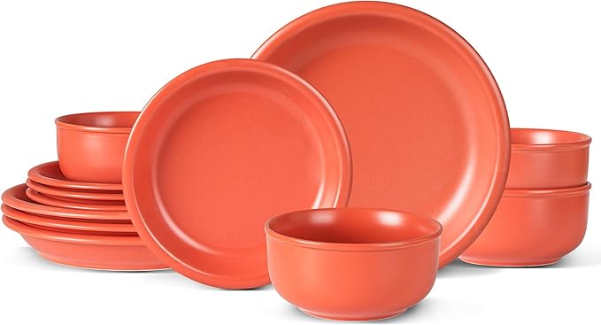 Plates and Bowls Sets, 12 Piece Ceramic Stoneware Dinnerware Set for Family and Gatherings, Dishes Set for 4, Dishwasher & Microwave Safe, Handcrafted Dishware Sets, Terracotta Red