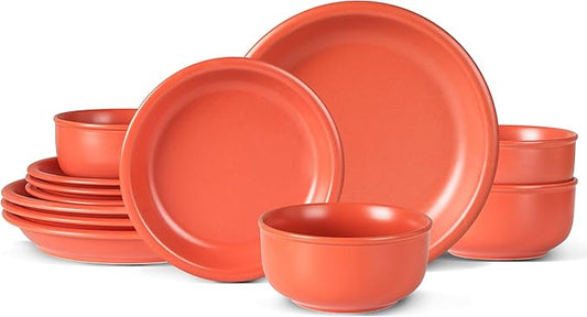 Plates and Bowls Sets, 12 Piece Ceramic Stoneware Dinnerware Set for Family and Gatherings, Dishes Set for 4, Dishwasher & Microwave Safe, Handcrafted Dishware Sets, Terracotta Red