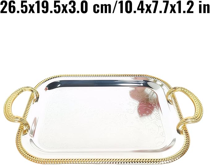 Rectangular Serving Tray in Silver with Gold Trim, Large Metal Serving Tray with Handles for Parties, European Style Tray for Food and Drink Service