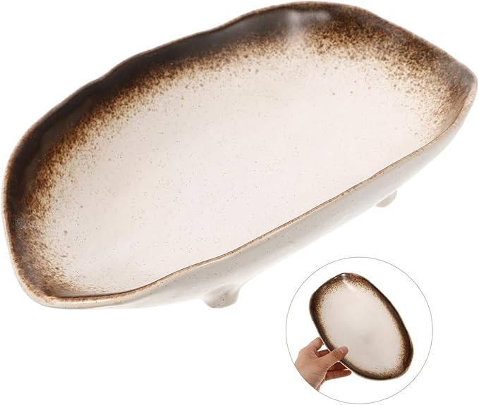 STOBAZA Irregular Fish Plate Ceramic Serving Platter with Foot Japanese Style Vintage Dish Unique Restaurant Dinnerware for Curry and Vegetables Creative Food Holder