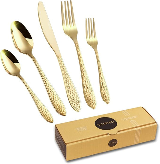 VIVANI 40-Piece Champagne Gold Silverware Set, Food-Grade Stainless Steel Gold Flatware Set for 8, Hammered Cutlery Set for Home, Restaurant, Wedding, Cafes, Dishwasher Safe