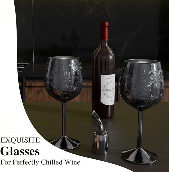 17oz Stainless Steel Wine Glasses [Set of 2] – Black Royal Goblets with Intricate Baroque Engravings, Unbreakable and Shatterproof Wine Cups with Bottle Stopper Ideal for Mother's Day Gift