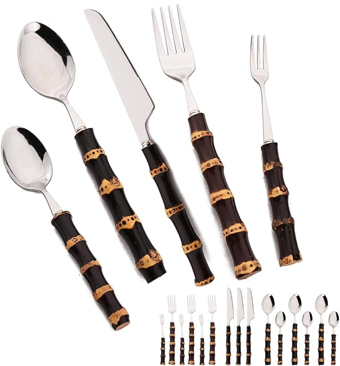 JASHII 20-piece Stainless Steel Flatware Cutlery Set Silverware Knife Fork Spoon Set Black Bamboo Handle Dishwasher Safe for Dinner Buffet