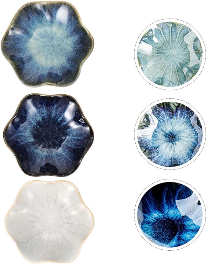 3pcs Ceramic Sauce Dipping Plates Set, Assorted Blue Gradient, Vintage White Natural Straw Colors, Small Lotus Leaf-shaped Appetizer Serving Dishes for Kitchen and Random Color