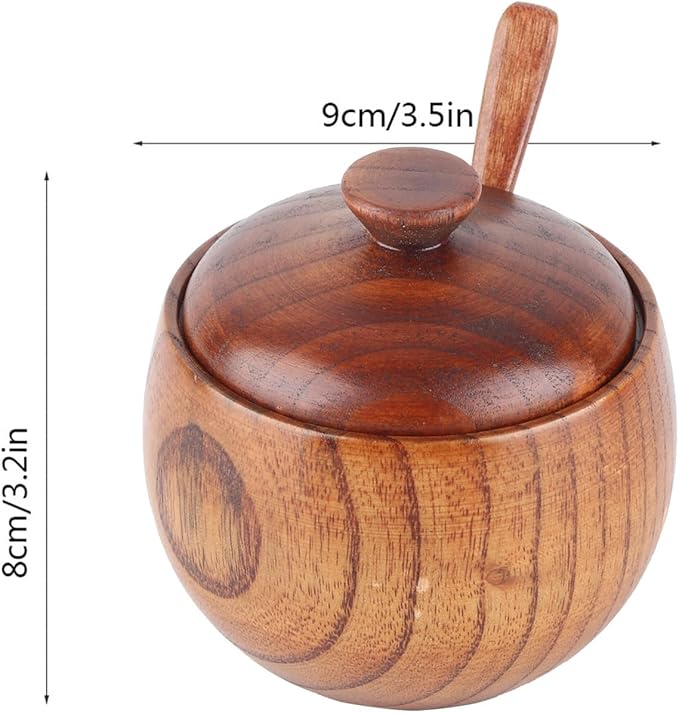 Hapivida 2Pcs Wood Spice Box, Salt Cellar with Lid and Spoon Salt Box Spice Jar Sugar Bowl Pepper Seasoning Container Holder