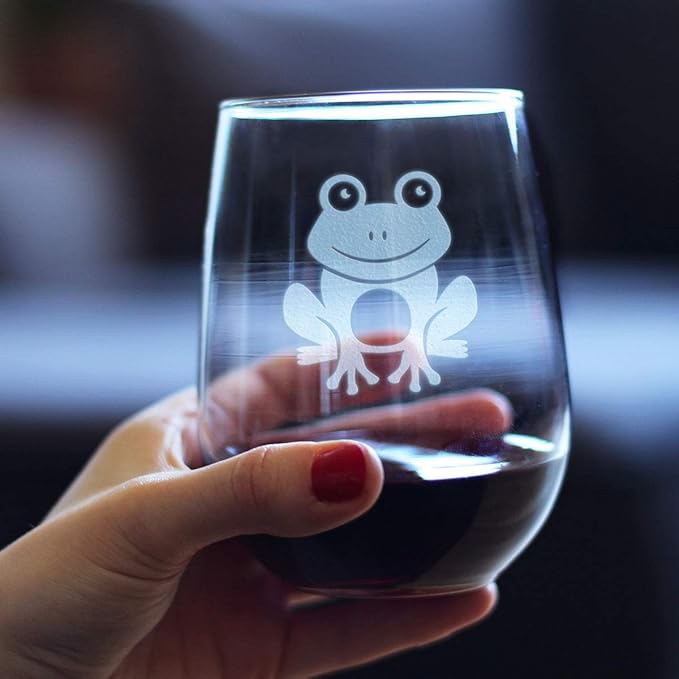 Bevvee Happy Frog - Stemless Wine Glass - Themed Gifts and Decor for Frog Lovers - Large 17 Oz
