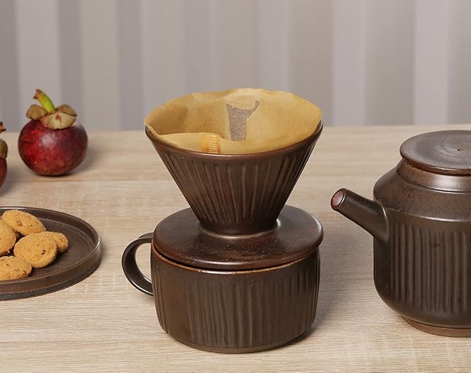 Pottery Pour Over Coffee Maker, Ceramic Cone Filter Hand Drip Coffee Dripper, Reusable Stoneware Pourover Coffee Brewer, Size 02 (Rustic Chocolate Brown)