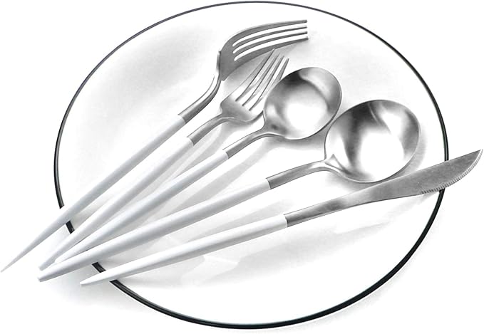 Gugrida White Silver Flatware, Royal 5-Piece Matte White Handle 18/10 Stainless Steel Tableware Sets for 1 Including Forks Spoons Knives, Camping Silverware Travel Utensils Set Cutlery (White Silver)