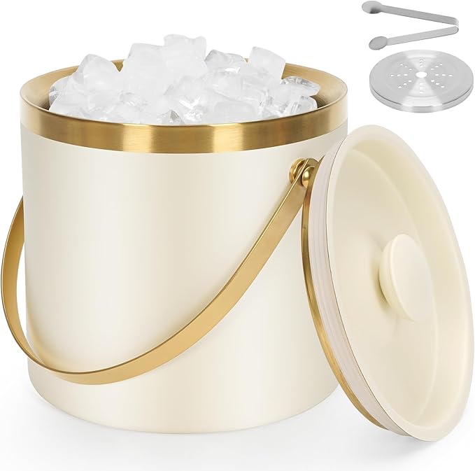 ZORMY 3L Double-Wall Vacuum Insulated Stainless Steel Ice Bucket with Lid & Tong，Wine and Champagne Bucket for Home & Parties（WhiteGold）