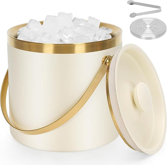 ZORMY 3L Double-Wall Vacuum Insulated Stainless Steel Ice Bucket with Lid & Tong，Wine and Champagne Bucket for Home & Parties（WhiteGold）