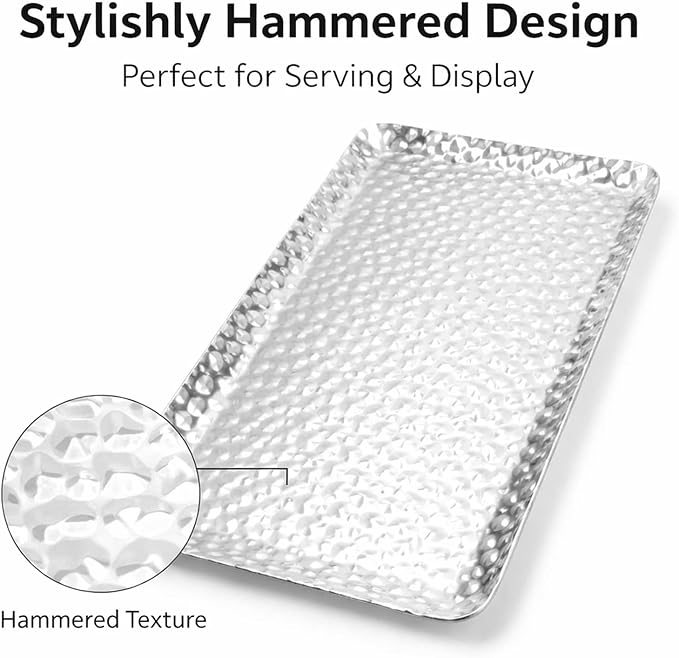 Stainless Steel Serving Tray 19.5x9.5cm Gold, Hammered Odorless Durable Metal - Elegant Decorative Tray, Multi Use for Living Room Kitchen Bedroom (Silver)