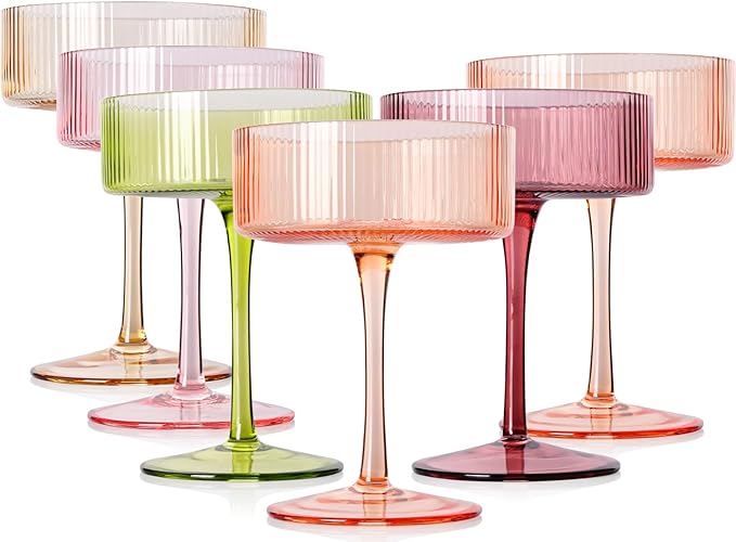 Cyrelwing 9 oz Colored Coupe Glasses Set of 6 Ribbed Colorful martini Glasses for espresso dessert