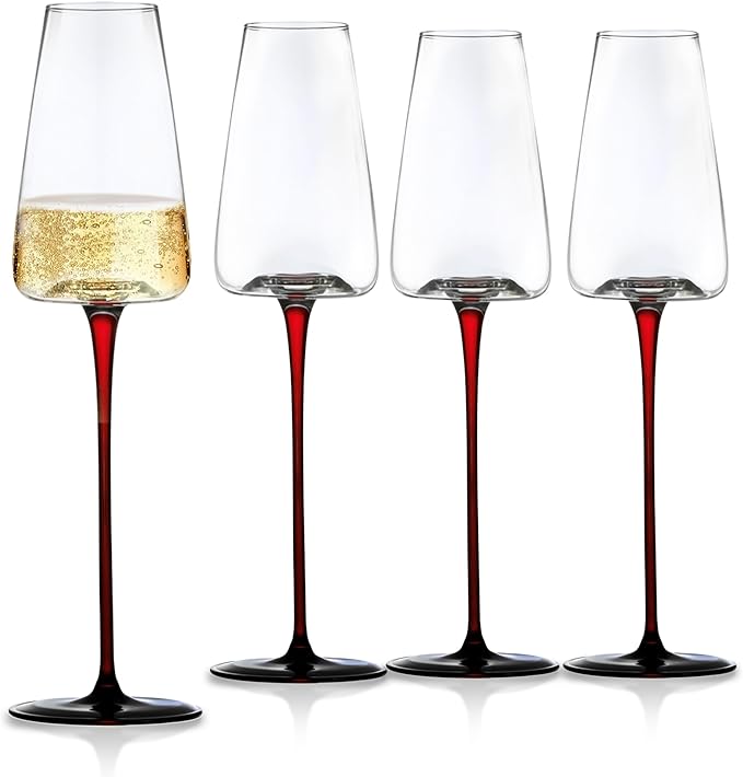 LEMONSODA Concave Champagne & Wine Glasses - Modern Red Stem & Black Bottom for Sparkling Wine, Rosé, Prosecco, Champagne – Handcrafted Barware, Perfect for gift (9oz, Set of 4)