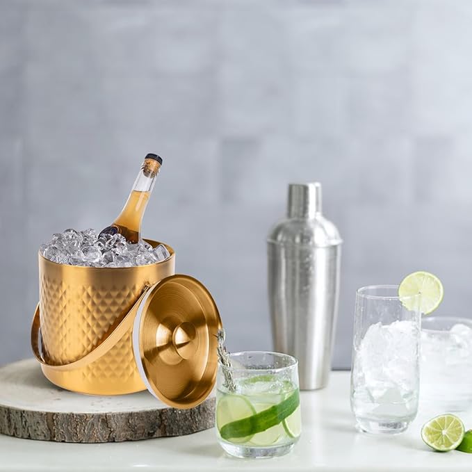 3L Double-Wall Insulated Stainless Steel Ice Bucket with scoop for Cocktail Bar - Metal Ice Bucket for freezer with Lid for parties,Camping,and More!champagne bucket,bar cart accessories(gold)