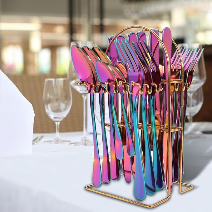 Stainless Steel Flatware Serving Set,Home Kitchen Eating Tableware Set,Dishwasher Safe,for Home Kitchen Restaurant Hote 24-Piece Stainless Steel Storage Rack Cutlery Set Hotel Cutlery Knife, Fork and