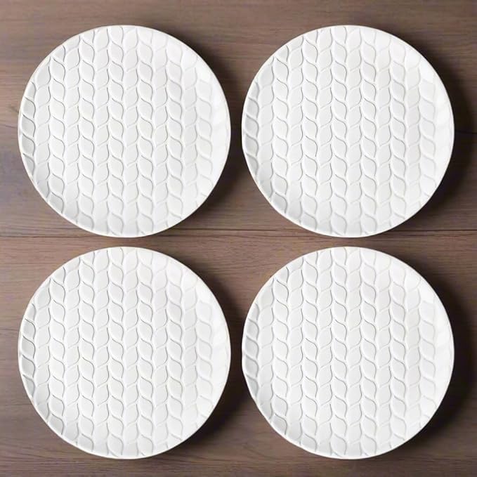 temp-tations by Tara Carved Willow White Dinner Plates, Set of 4-8" Small White Ceramic Plates for Salad, Microwavable, Dishwasher-Safe, Stoneware Dinnerware Sets, Premium Kitchen and Dining Dishes