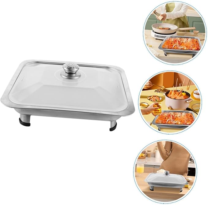 Veemoon Rectangular Stainless Steel Buffet Serving Tray with Lid Chafing Dish for Catering Food Holder and Roasting for Parties and Cafeterias