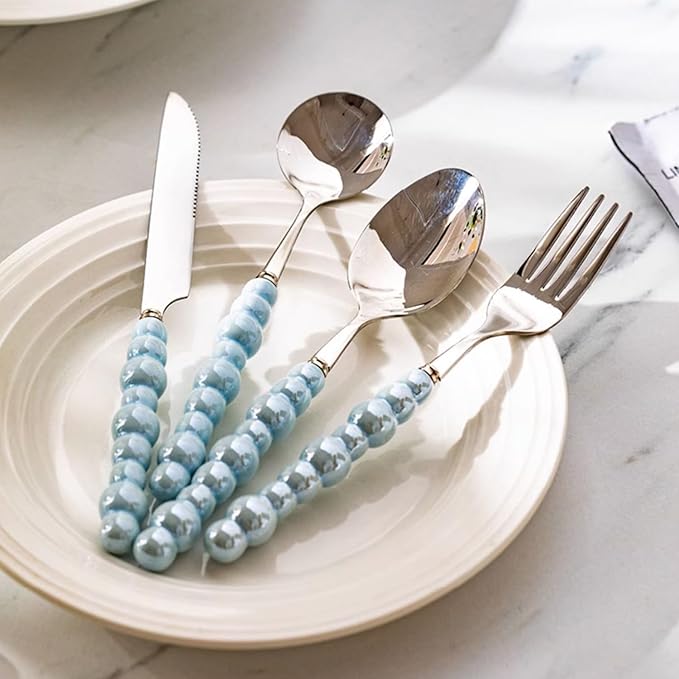 2Pcs Pearl Flatware Set, Creative Stainless Steel Flatware Pearl Ceramic Handle Silverware Tableware for Kitchen Hotel Home Steak Knife Dessert Spoon Dishwasher