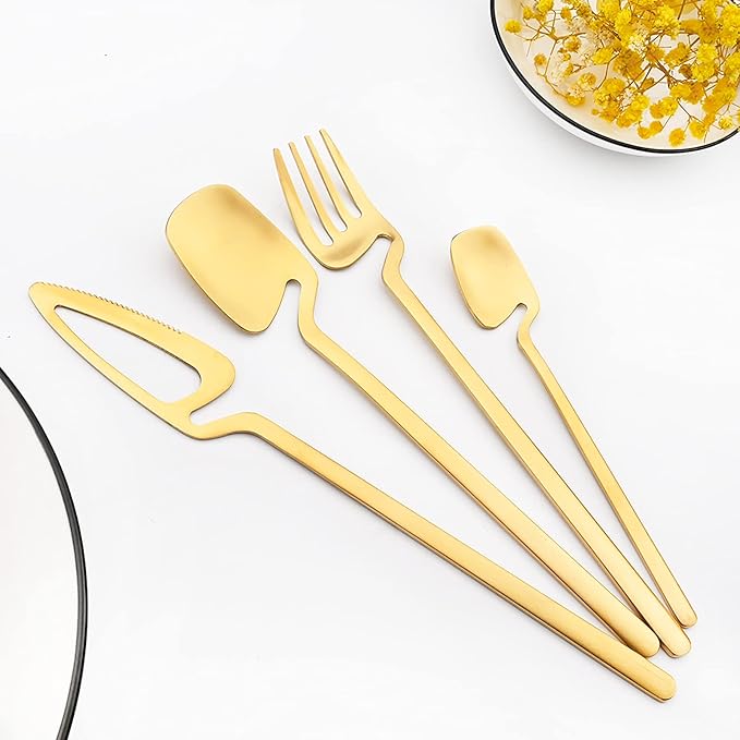 24-Pieces Hangable & Cute 18/10 Stainless Steel Flatware Set, Matte Cutlery Set Kitchen Dinnerware Include Knife/Fork/Spoon/Teaspoon Service for 6, Gold